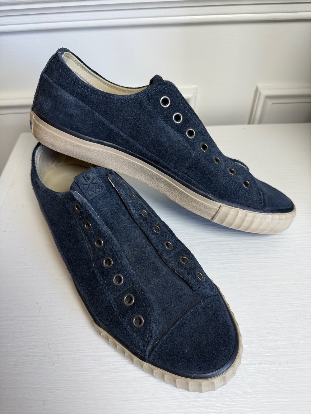 John Varvatos Men's BootLeg Laceless Low Top Suede Sneakers - Navy Blue. Size 7